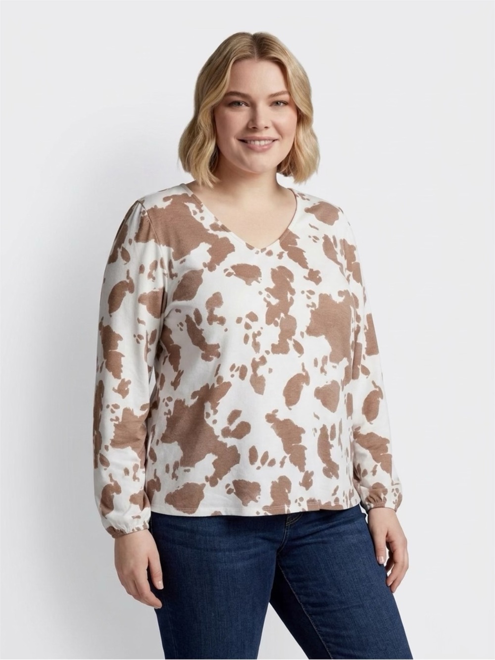 Peach Love California White and Brown Cow Spot V-Neck Long Sleeve Top